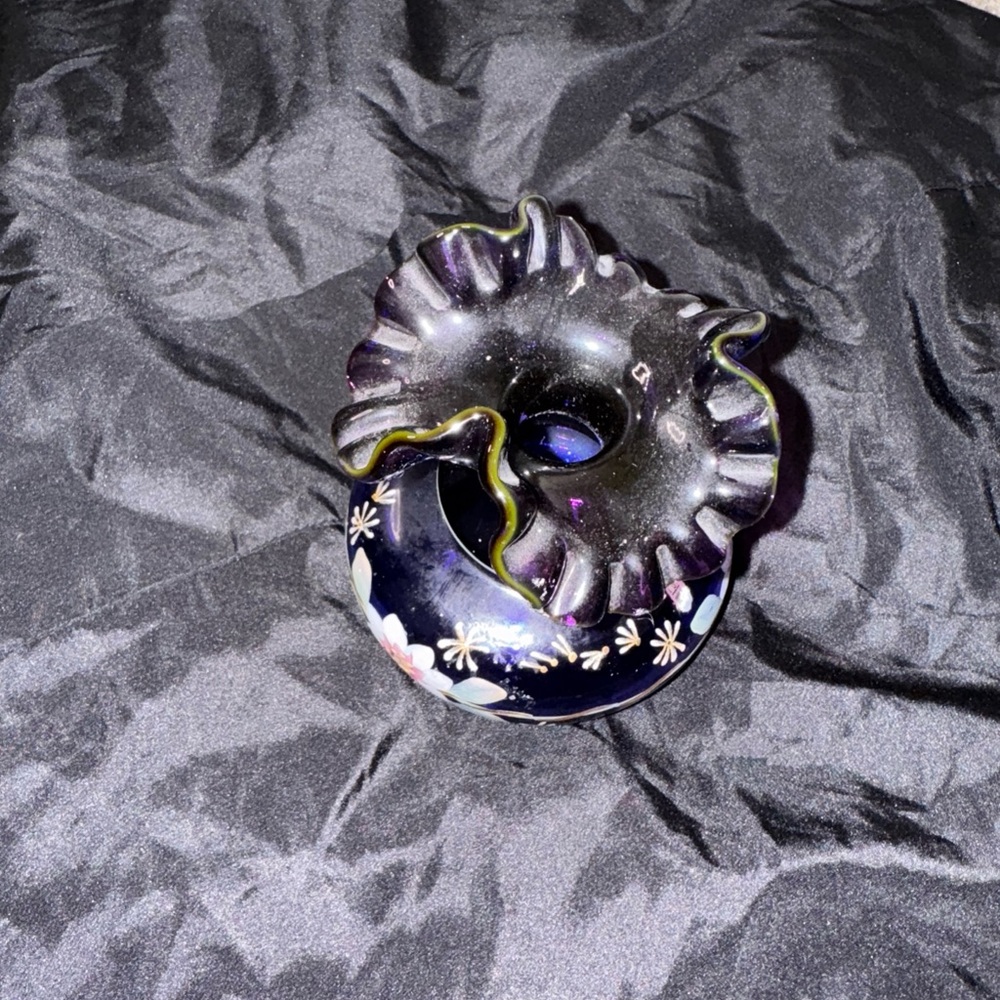 1998 Fenton Black and Royal Purple Floral Vase Signed